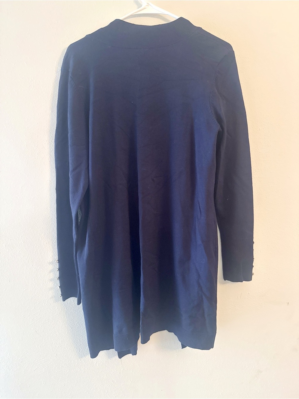 Love Scarlett Navy Open Front Longline Cardigan Gold Button Cuff Pockets M - Picture 3 of 9